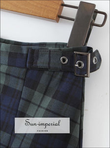 Dark Green and Blue High Waist Check Gingham Plaid Pleated Mini Skirt with Buckle Belt detail Basic style, chick sexy harajuku Preppy Style 