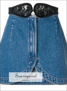 Dayana Skirt - Lace Belted Denim Skirt for Women High Waist Asymmetrical Mini Skirt