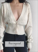 Deep V-Neck Ribbed Cardigan with Leather Sleeve - Sun Imperial (photo 1)