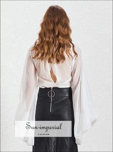 Demi top - Women’s Black Sheer Chiffon Long Lantern Sleeve Bow Tie Blouse Bandage Bow, Black, blouse, Shirt, elegant style SUN-IMPERIAL 