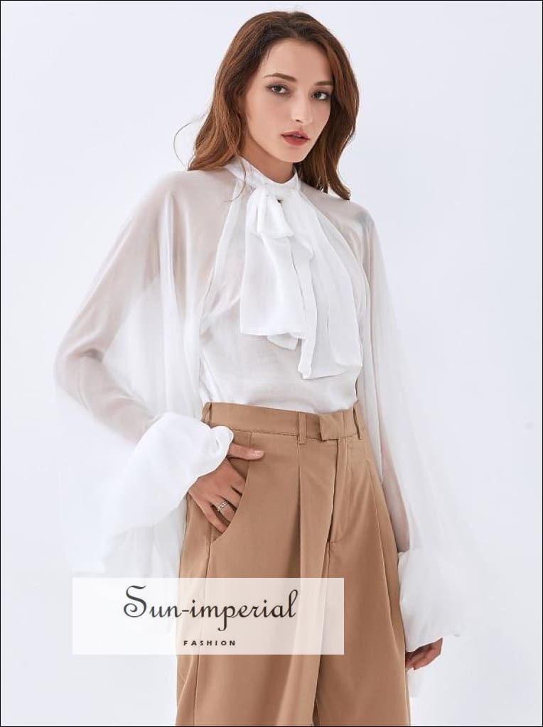 Sun-imperial - demi top - women's black sheer chiffon long lantern sleeve  bow tie blouse – Sun-Imperial