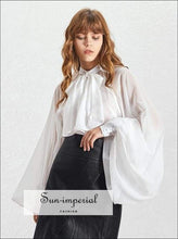 Demi top - Women’s Black Sheer Chiffon Long Lantern Sleeve Bow Tie Blouse Bandage Bow, Black, blouse, Shirt, elegant style SUN-IMPERIAL 