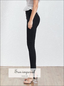 Denmark Pants - Black Denim Trousers for Women High Waist Diamonds Buttons Long Jeans