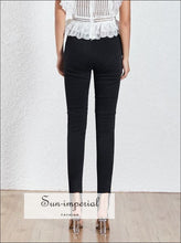 Denmark Pants - Black Denim Trousers for Women High Waist Diamonds Buttons Long Jeans