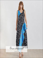 Denney Dress- Vintage a Line Dress Women Sleeveless Ruffle Loose Hit Color Patchwork Print Dress