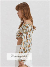 Diana top - Floral Print Women Shirt off Shoulder V Neck Lantern Sleeve Pleated Crop top