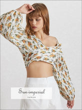 Diana top - Floral Print Women Shirt off Shoulder V Neck Lantern Sleeve Pleated Crop top