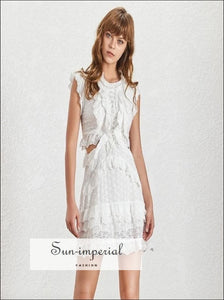 Dona Dress - Vintage Elegant Solid White Lace Sleeveless Ruffle Cut off Waist Slim Mini Elegant, Off Shoulder, Sleeveless, Women Dress, 