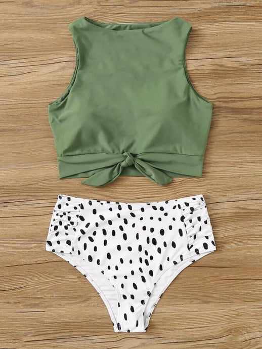 Knot front top with Dot High Waist Bikini Set - Green top Striped bottom