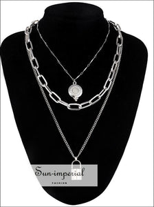 Double Layer Lock Chain Necklace Punk 90s Silver Color Padlock Pendant Gothic Jewelry SUN-IMPERIAL United States