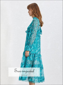 Dove Dress -blue Floral Print Midi Dress Stand Collar Flare Long Sleeve Ruffles Casual Dress