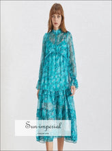 Dove Dress -blue Floral Print Midi Dress Stand Collar Flare Long Sleeve Ruffles Casual Dress
