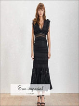 Elaine Dress- Vintage Solid White and Black Elegant V Neck Lace Ruffles Maxi Dress Black, Crop Tops, dress, full length High quality dress 
