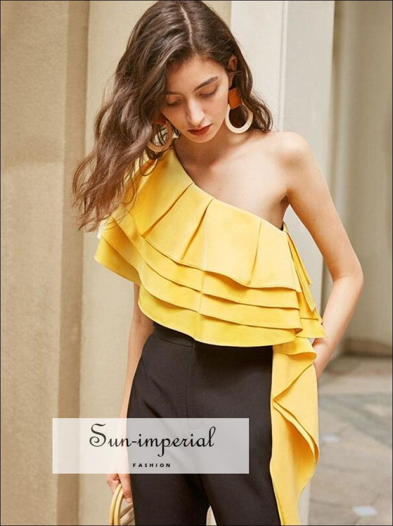 Elegant Yellow Asymmetrical Women One Shoulder top with Layered Ruffles Hem detail Summer Blouse chick sexy style, elegant Unique style 