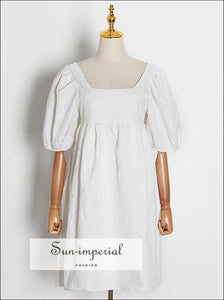 Embroidery White Puff Short Sleeve Square Collar Loose Midi Dress Unique style, vintage style SUN-IMPERIAL United States