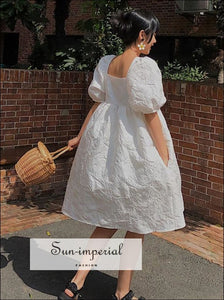 Embroidery White Puff Short Sleeve Square Collar Loose Midi Dress Unique style, vintage style SUN-IMPERIAL United States