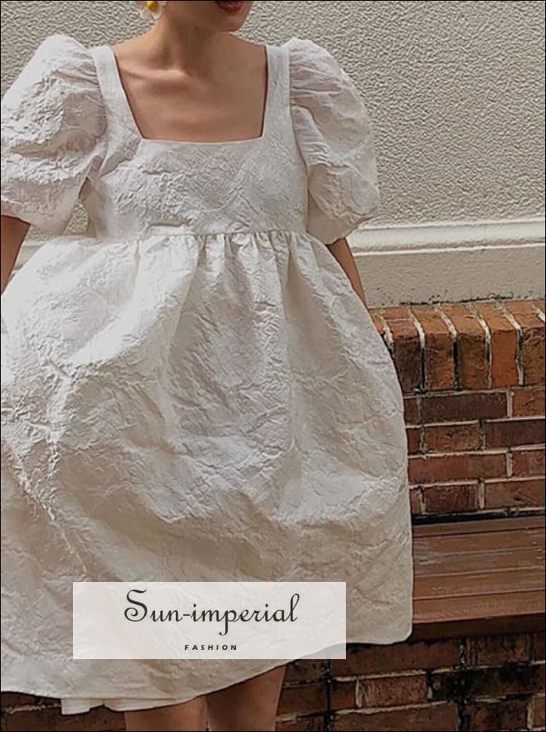 Sun-Imperial - Embroidery White Puff Short Sleeve Square Collar Loose Midi Dress White / S Sun-Imperial - Embroidery White Puff Short Sleeve Square Collar Loose Midi Dress White / S