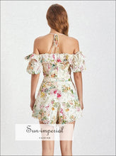 Sun-Imperial Evelyn Shorts Set - Two Piece Set Vintage Floral Print Puff Sleeve off Shoulder Backless top