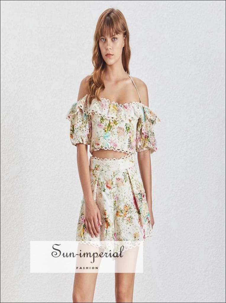 Sun-Imperial Evelyn Shorts Set - Two Piece Set Vintage Floral Print Puff Sleeve off Shoulder Backless top