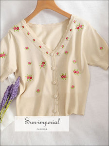 Women Daisy Flower Embroidery Short Sleeve Single Breasted Knitted Cropped Cardigan Sweater Sun-Imperial United States