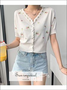 Women Daisy Flower Embroidery Short Sleeve Single Breasted Knitted Cropped Cardigan Sweater Sun-Imperial United States