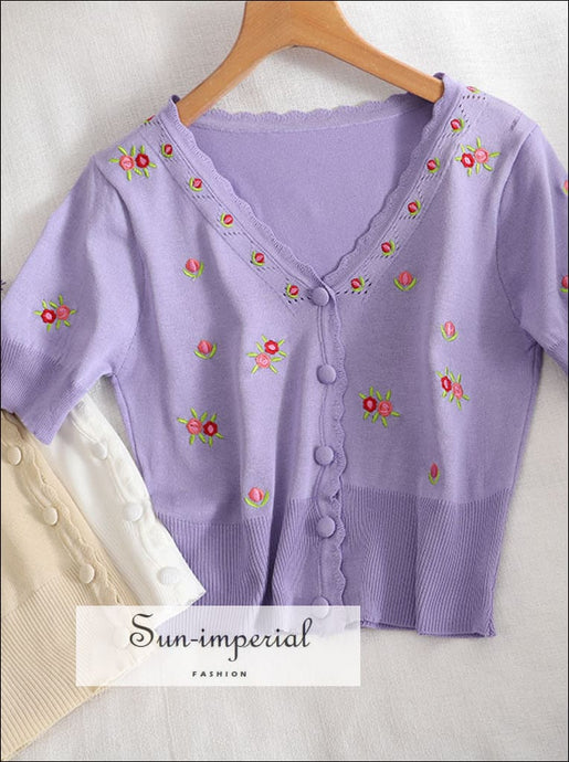 Women Daisy Flower Embroidery Short Sleeve Single Breasted Knitted Cropped Cardigan Sweater Sun-Imperial United States