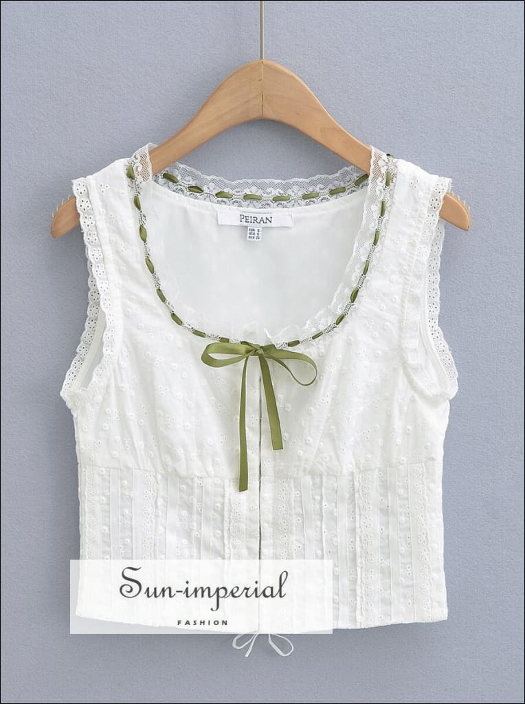 Women’s White Lace Corset Top With Green Center Bow And Back Lace-up Detail Lace-Up Sun-Imperial United States