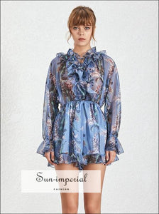 Fern Jumpsuit - Casual Floral Print Women’s V Neck Long Flare Sleeve High Waist Loose Female Fashion, Waist, Sleeve, vintage, SUN-IMPERIAL 