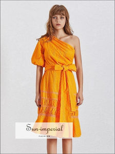 Fia Dress- Solid White and Orange One Shoulder Dress for Women Puff Sleeve Tie Waist Midi Dress
