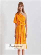 Fia Dress- Solid White and Orange One Shoulder Dress for Women Puff Sleeve Tie Waist Midi Dress