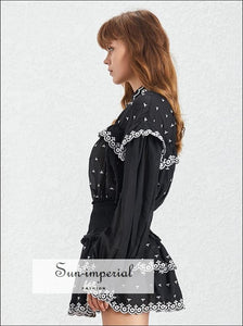 Sun-Imperial Fiona Dress- Embroidery Print Women Two Piece Set Lapel Collar Flare Sleeve Ruffles Mini Skirt Slim