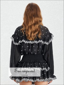 Sun-Imperial Fiona Dress- Embroidery Print Women Two Piece Set Lapel Collar Flare Sleeve Ruffles Mini Skirt Slim