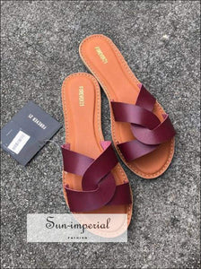 Flat Sandals Summer Women’s Slippers Leather Comfortable Sole Cross Weave 8 Colors - Red Wine SUN-IMPERIAL United States