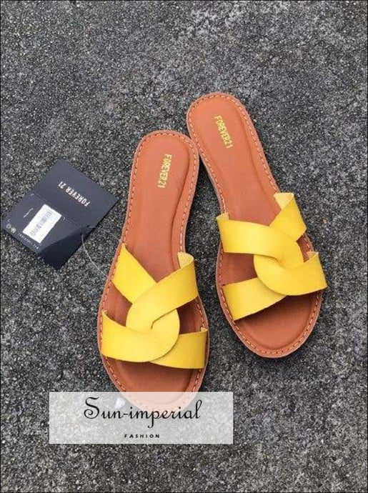 Flat Sandals Summer Women’s Slippers Leather Comfortable Sole Cross Weave 8 Colors - Yelow SUN-IMPERIAL United States