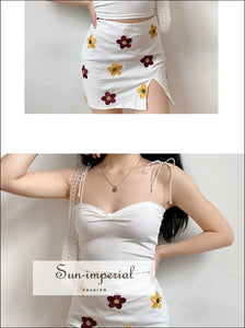 Floral Embroidery Women Skirt Summer High Waist Cotton Sliting Mini Womens Faldas Vintage Vacation best seller, cotton, floral print, flower