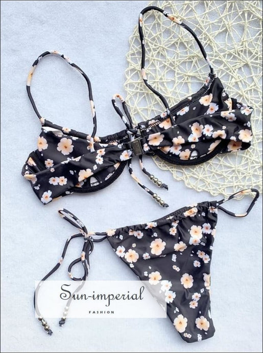Black Floral Print Center Bow Tie Underwired Bikini Set High Cut side Brazilian Ruched Thong SUN-IMPERIAL United States