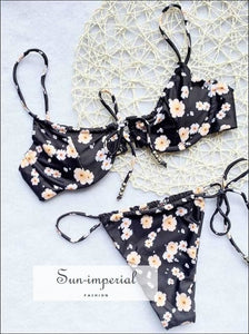 Black Floral Print Center Bow Tie Underwired Bikini Set High Cut side Brazilian Ruched Thong SUN-IMPERIAL United States