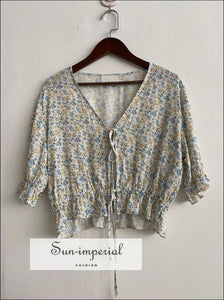 Floral Print Half Sleeve Women Blouse Canter Lace- Ruffled V-neck top vintage style SUN-IMPERIAL United States