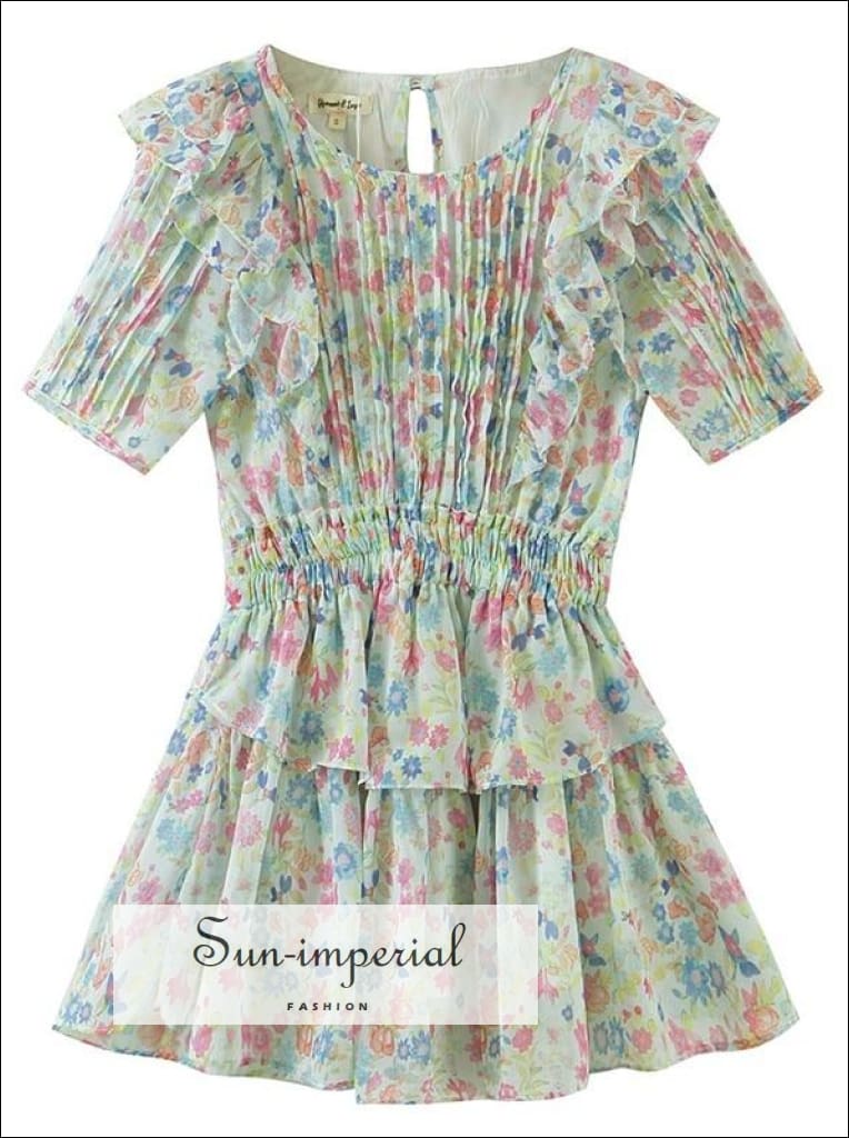 Floral Ruched Pleated A-line Round Collar Mini Dress Backless Short Sleeve Beach Style Print, bohemian style, boho Dress, harajuku style 