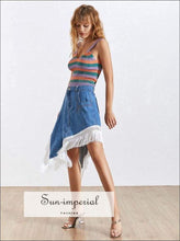 Florence Skirt - Korean Patchwork Denim for Women High Waist Slim Hem Irregular Skirt, Waist, Skirts Female, Tassel Patchwork, vintage 