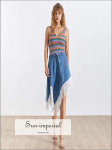 Florence Skirt - Korean Patchwork Denim for Women High Waist Slim Hem Irregular Skirt, Waist, Skirts Female, Tassel Patchwork, vintage 