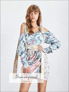 Florida Dress- Floral Print Asymmetrical Mini Dress Long Sleeve Ruched Slim Sleeve, Off Shoulder, Dress, Dresses, vintage SUN-IMPERIAL 