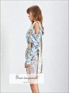 Florida Dress- Floral Print Asymmetrical Mini Dress Long Sleeve Ruched Slim Sleeve, Off Shoulder, Dress, Dresses, vintage SUN-IMPERIAL 