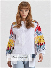 Flower Power top - White Long Sleeve Peacock Print Embroidery Blouse for Women Lantern Sleeve Loose
