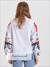 Flower Power top - White Long Sleeve Peacock Print Embroidery Blouse for Women Lantern Sleeve Loose