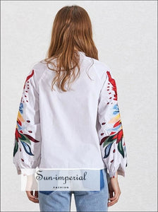 Flower Power top - White Long Sleeve Peacock Print Embroidery Blouse for Women Lantern Sleeve Loose