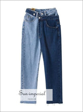 Fort Collins Jeans - Two Tone Jean Pants Light and Dark Blue Straight Leg High Waist Denim for Women