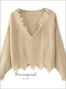 Frayed Trim Drop Shoulder Jumper Basic style, bohemian boho casual SUN-IMPERIAL United States