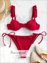 Frilled Textured Tie Underwire Bikini Swimsuit Low Waisted Elastic Tie side Bikini Push Up- Lava Red