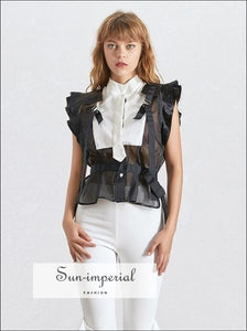 Gabriella top - Women Vintage Sheer Striped Sleeveless Blouse Tie front Shirt